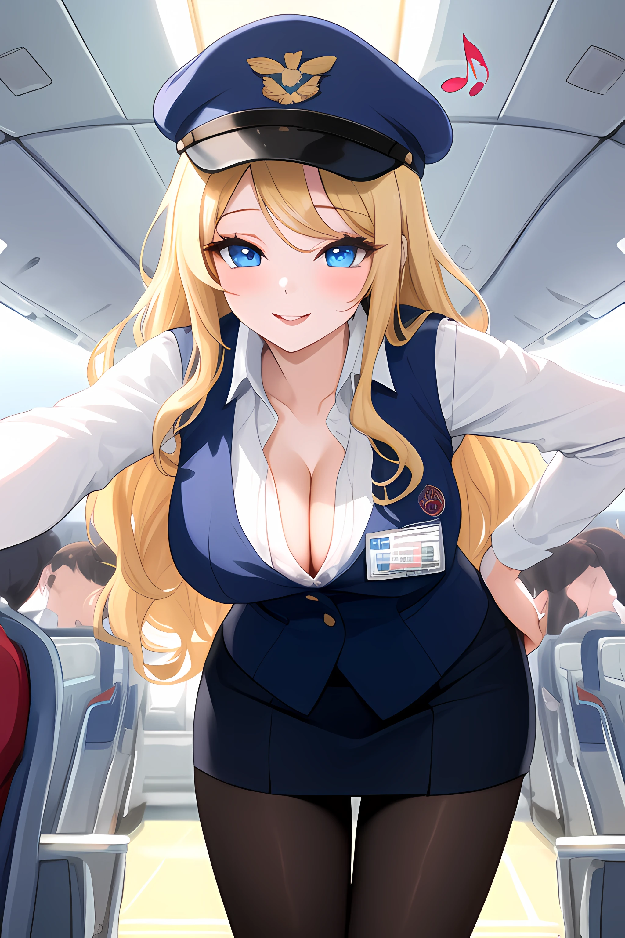 (masterpiece, best quality), 1girl, solo, blonde hair, long hair, curly hair, parted bangs, blue eyes, large breasts, pale skin, long eyelashes, airplane, indoors, flight attendant, vest, cap, pantyhose, name tag, standing, leaning forward, cleavage, seductive smile, downblouse, spoken musical note, pov, sexually suggestive