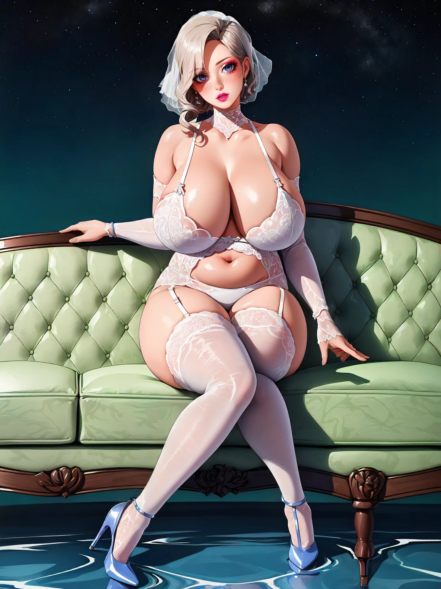 rational symmetry, (starry background:1.2), couch, water floor, fcDetailPortrait, full body, from above, 1girl, AS-MidAged, GS-Womanly, mature woman, milf, bimbo, curly hair, bob cut, long eyelashes, (top heavy, huge breasts:1.6), thick arms, wide hips, thick thighs, bridal veil, bridal gauntlets, (bridal lingerie:1.2), (bridal legwear:1.2), (bridal garter:1.2), (stiletto heels:1.2), dynamic pose, head tilt, looking at viewer, sitting on couch, <lora:Milf:1>, <lora:epiNoiseoffset_v2-pynoise:1>