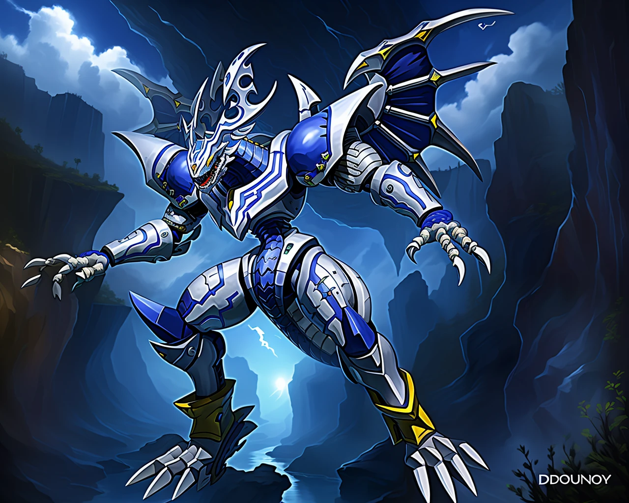 1boy,solo,dorugoramon,horns,wings,forehead jewel,full body,yellow eyes,flying,canyon,rocks,digital art,2d,realistic,  <lora:Dorugoramon_19956:0.7>