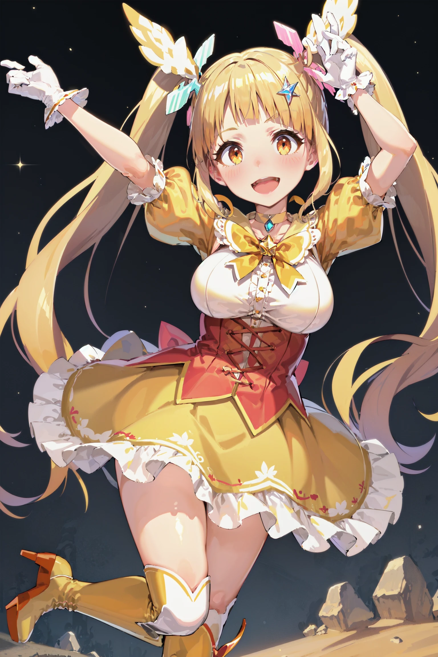 absurdres, high detail, uhd, wasteland, sand, stones, starry sky, hurricane
standing, laughing, blush, arms up, standing on one leg,
solo, kokoa, twintails, long hair, magica2019, wing hair ornament, hair ornament, hairclip, choker, (yellow dress;1.2), large breasts, orange bowtie, gem, short_sleeves, white gloves, frills, layered skirt, knee boots, bow, high heels, orange footwear
<lora:MGCM-kokoa-t1-000100:0.7>