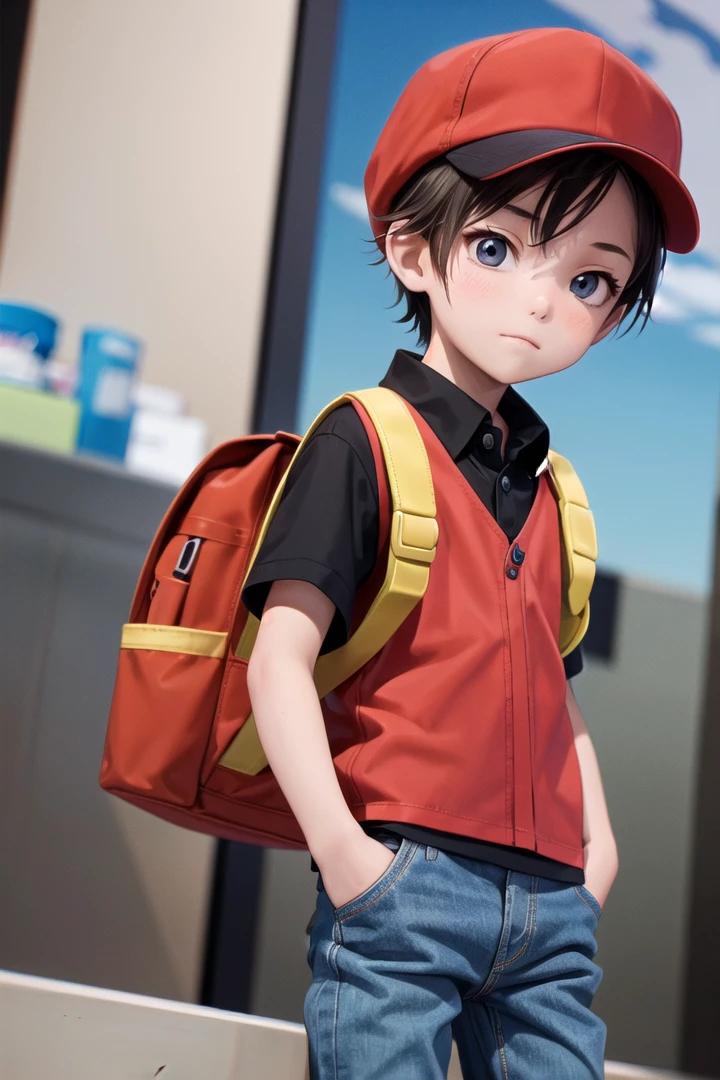 1 boy,more details in eyes,cute,looking at viewer, adorabel boy,cute face,details sky,handsome,young,juvenile,((masterpiece:1.4,best quality)),multiple details,colorful hair,eyeshadow,sfw,   <lora:RedLora-10:0.4>, (red \(pokemon\):0.6),
black shirt, red vest, red hat, jeans,yellow backpack