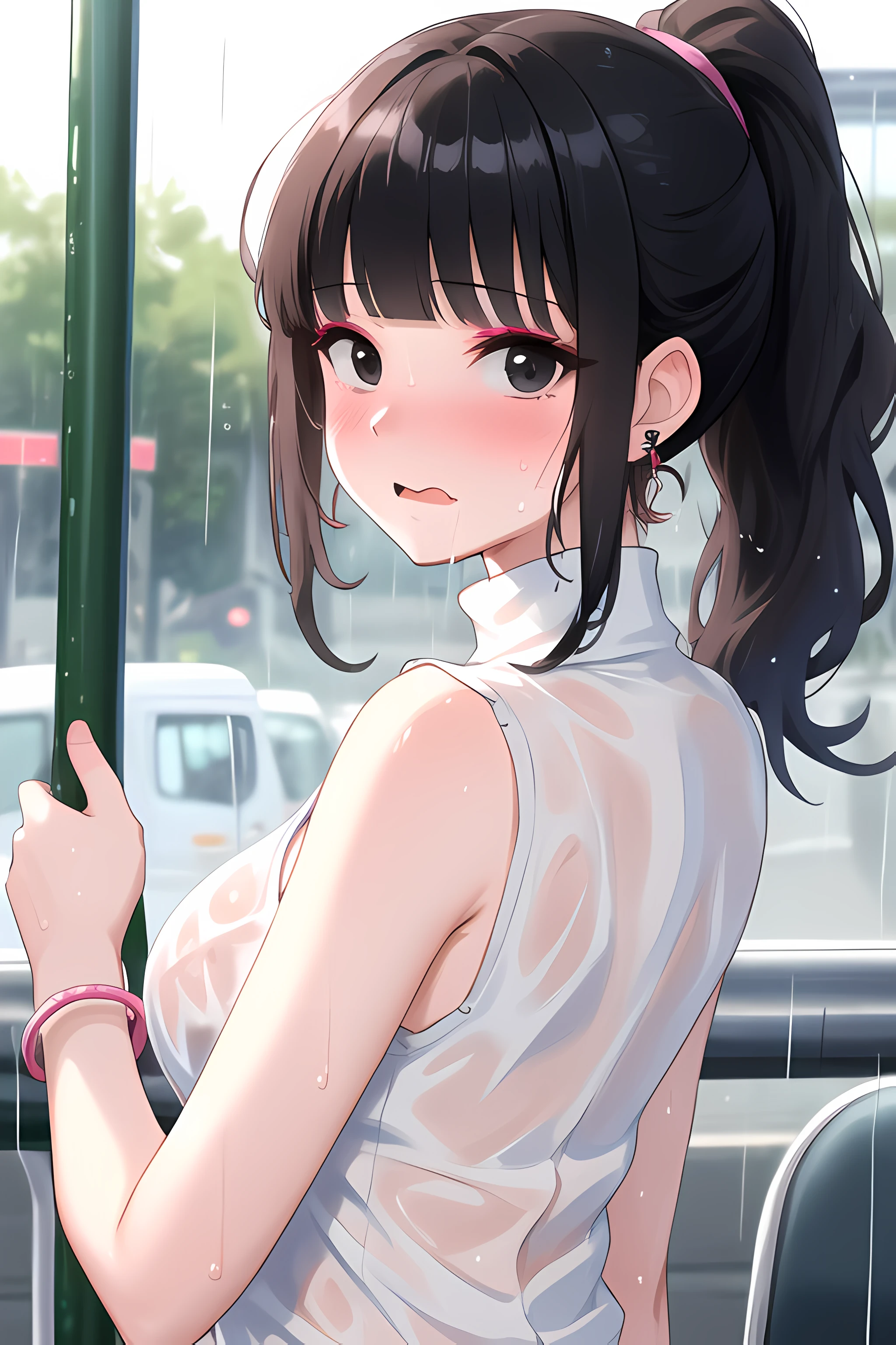 (masterpiece, best quality), 1girl, solo, black hair, long hair, straight hair, blunt ends, high ponytail, blunt bangs, black eyes, medium breasts, toned, bus stop, rain, from behind, upper body, white shirt, turtleneck, sleeveless, pleated shirt, bracelet, earrings, makeup, wet, wet hair, wet clothes, wet shirt, shiny skin, pink bra peek, looking at viewer, full-face blushr, embarrassed, wavy mouth, covering, sexually suggestive