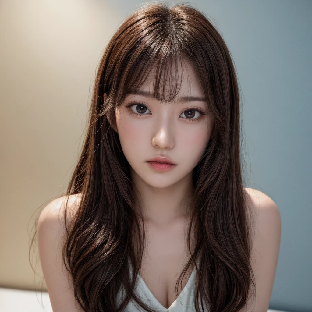 1 female, 22-year-old woman、Pink Hair, Blunt bangs, Hair behind the ear, Hair that falls over the shoulders, Long Hair, Ultra Fine Face, Thin face, Delicate lips, (Beautiful Eyes:1.5), Lightly reddish, eyes are light brown,See this,Sexy pose、 Ultra-fine needle, very thin fingers, The optimal ratio is four fingers to one thumb., camisole、Tabletop、Nipples、First Person View, 8k, whole body 、Super Detail, high quality, 最high quality, High resolution,