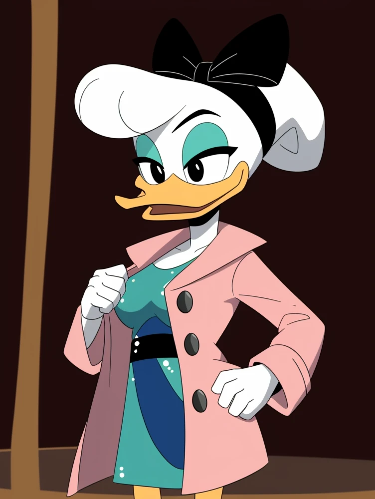 <lora:Daisy Duck V1.1:0.6>  (ducktales:1.2) (ducktales:1.2) (by kyurisawa:1.2) (by chelodoy:1) (by ashraely:1) BREAK daisy duck, beak, white skin, white body, white hair, black centered bow, headband, rounded bangs, hair bun, female, breasts, orange legs, sequin dress, clothed, clothing, mouth closed, eyeliner, teal eyeshadow, squint, looking aside, black eyes, teal purse, stage, stage curtains, open mouth, smile, hand on hip, (pink trench coat:1.2) (flashing:1.1)