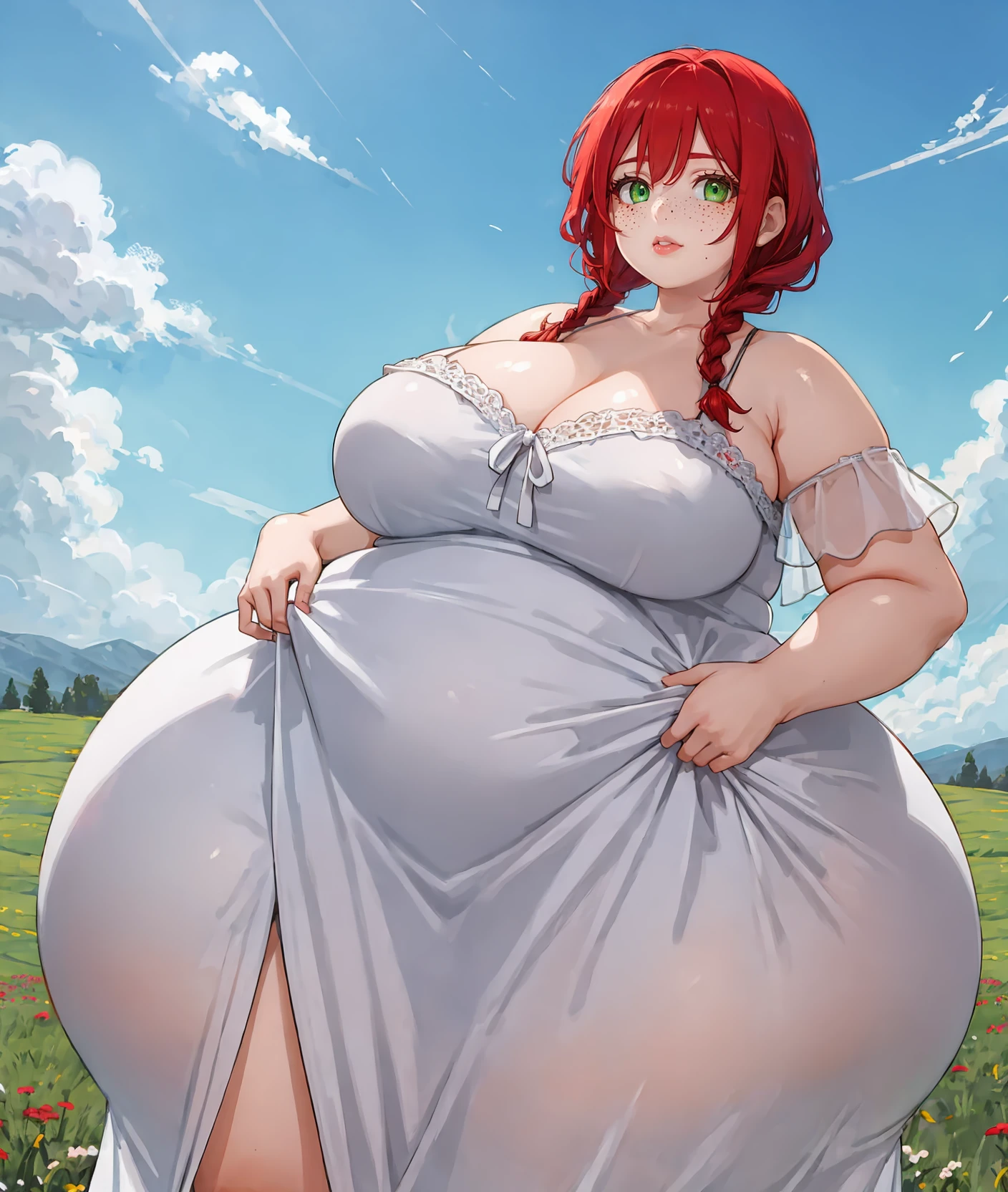 <lora:symix-5-2-alpha02-000015:1.00> (high_aesthetic:1.2)
plump, (gigantic_hips),
1girl, solo, standing, (cowboy shot), meadow, blue sky,
red hair, freckles, green eyes, braid, medium hair, summer dress, (long dress), floral print dress