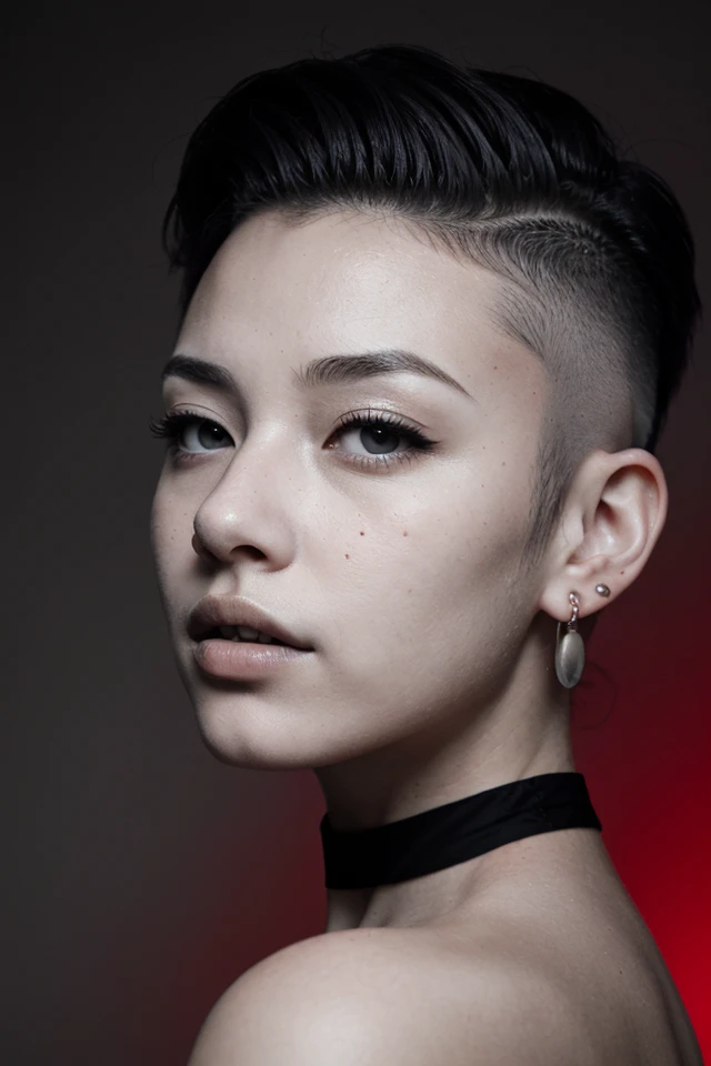 atmospheric lighting,1girl,hanasaki komugi,closeup,(monochrome:1.3),(female_orgasm:1.2),parted lips,looking at viewer,(from side),(red hi-top fade/(hair/):1.3),earrings,white choker,nude,dark background,<lora:SDXLrender-000000:0.3>