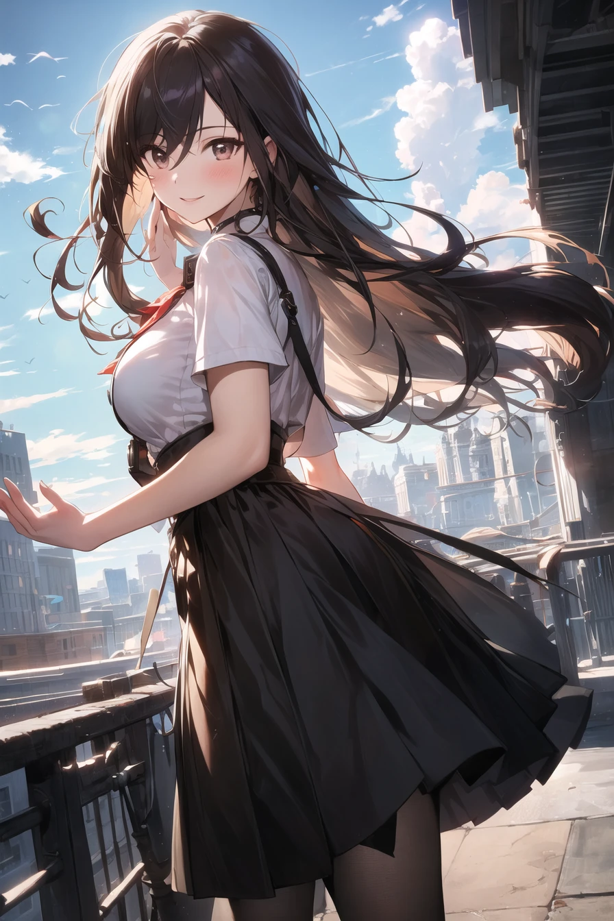 (masterpiece:1.2), (highres:1.2), 1girl, solo, light smile, very long hair, medium breasts, skirt, sunlight, detailed eyes, brown eyes, city detailed background sky cloud building tower
<lora:apstyle3diff:1.35> apstyle3 apstyle masterpiece best quality detailed eyes