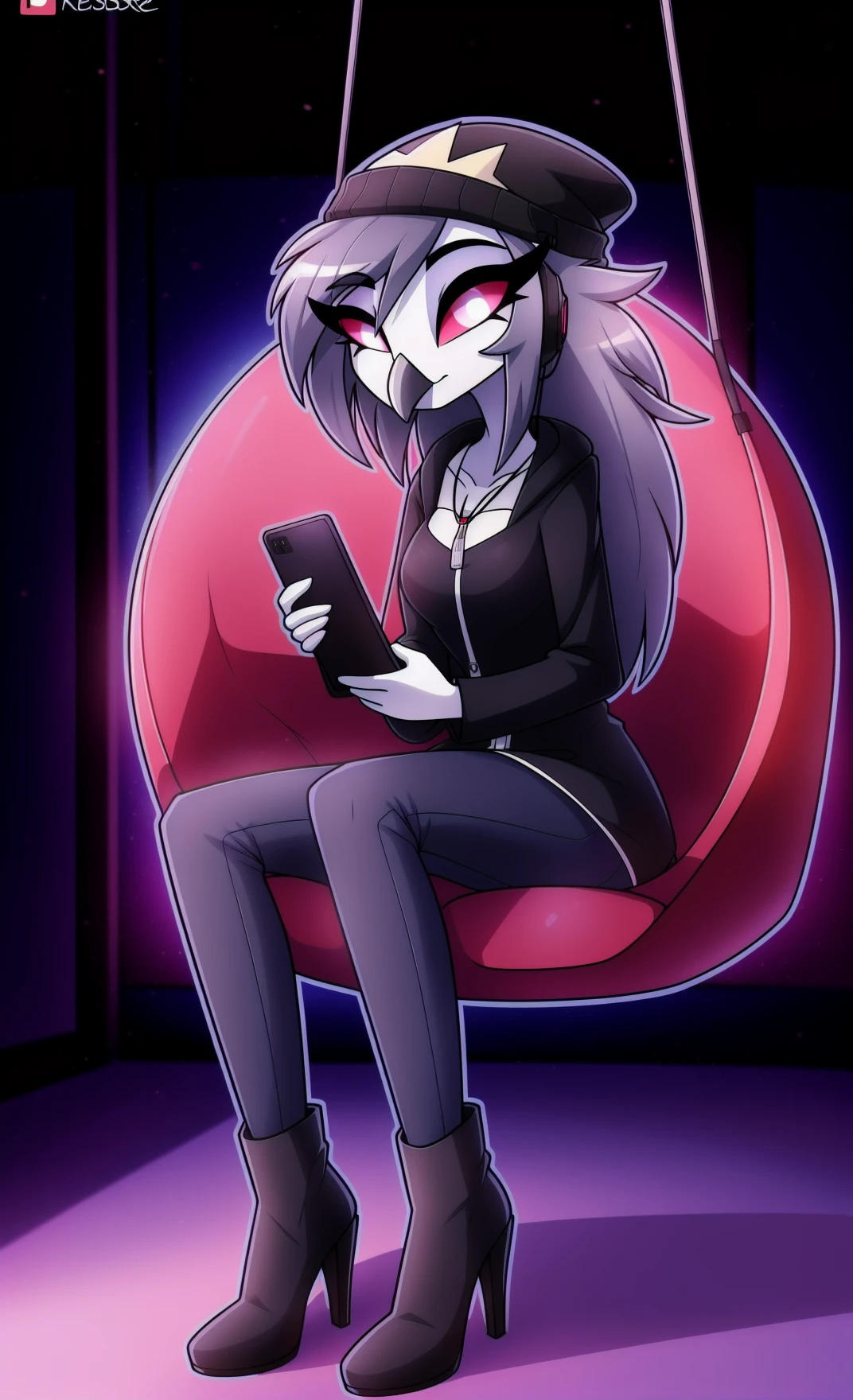 <lora:Octavia_pm_v1:0.7>, (Octavia:0.8), avian bird owl owl_demon
absurd_res hi_res
anthro beanie black_clothing boots cellphone clothing detailed_background female footwear fur grey_body grey_fur grey_hair hair hat headgear headphones headwear high_heeled_boots high_heels holding_object holding_phone long_hair looking_down phone pink_clothing plant red_sky sitting sky smartphone solo swing tree white_face