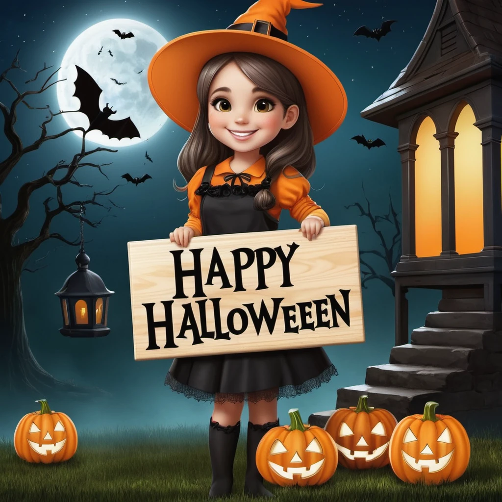 1girl,beautiful,full body, smiling, holding a board with text as "HAPPY HALLOWEEN" ,style_brush