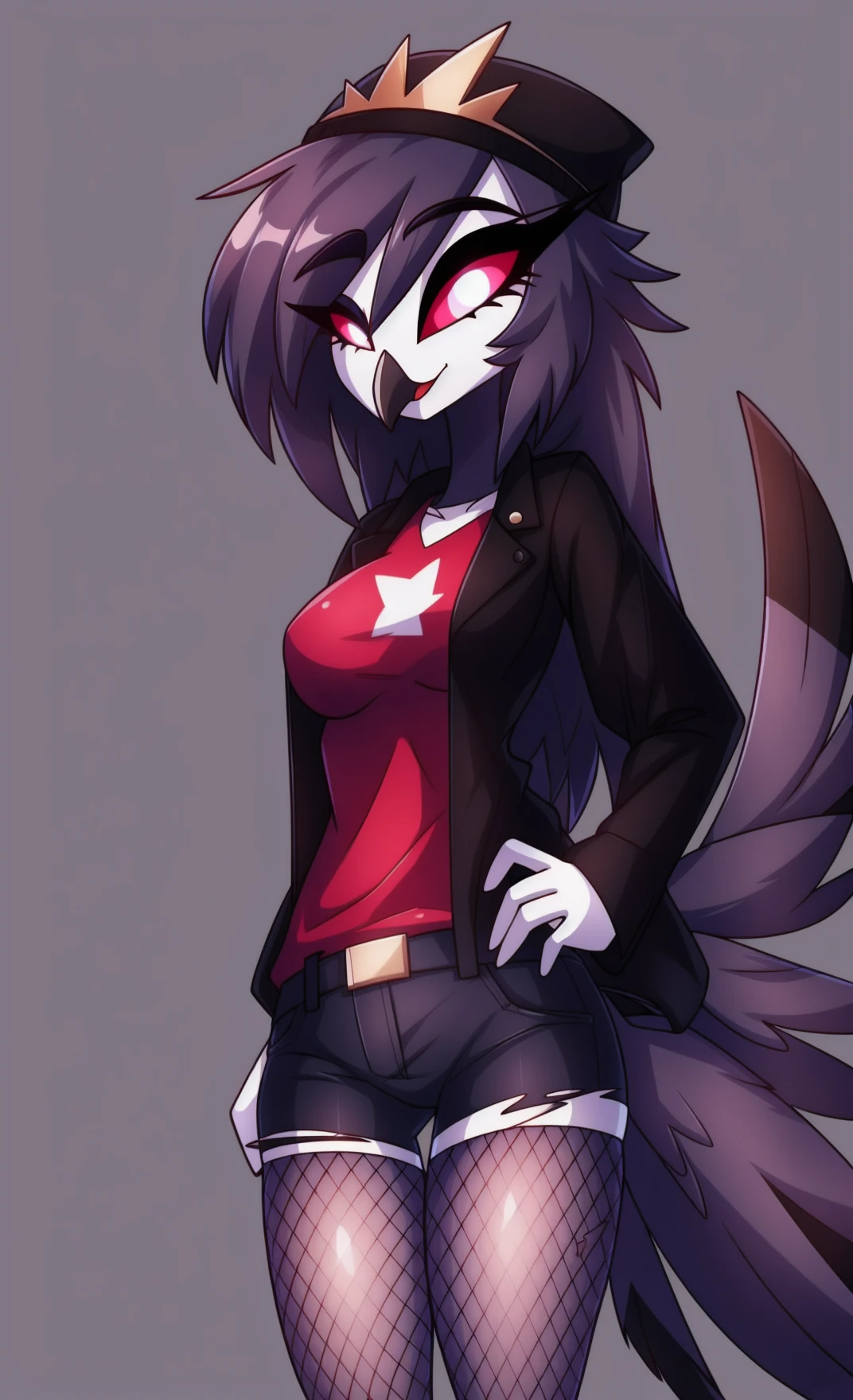 <lora:Octavia_pm_v1:0.7>, (Octavia:0.8), avian bird demon owl owl_demon
absurd_res digital_media_(artwork) hi_res
5_fingers anthro beak belt black_body bottomwear breasts brown_hair clothed clothing eyebrows eyelashes eyeshadow feathered_wings feathers female fingers fishnet_clothing front_view hair headgear headwear long_eyelashes long_hair makeup red_sclera shorts simple_background solo sparkles standing torn_clothing wings