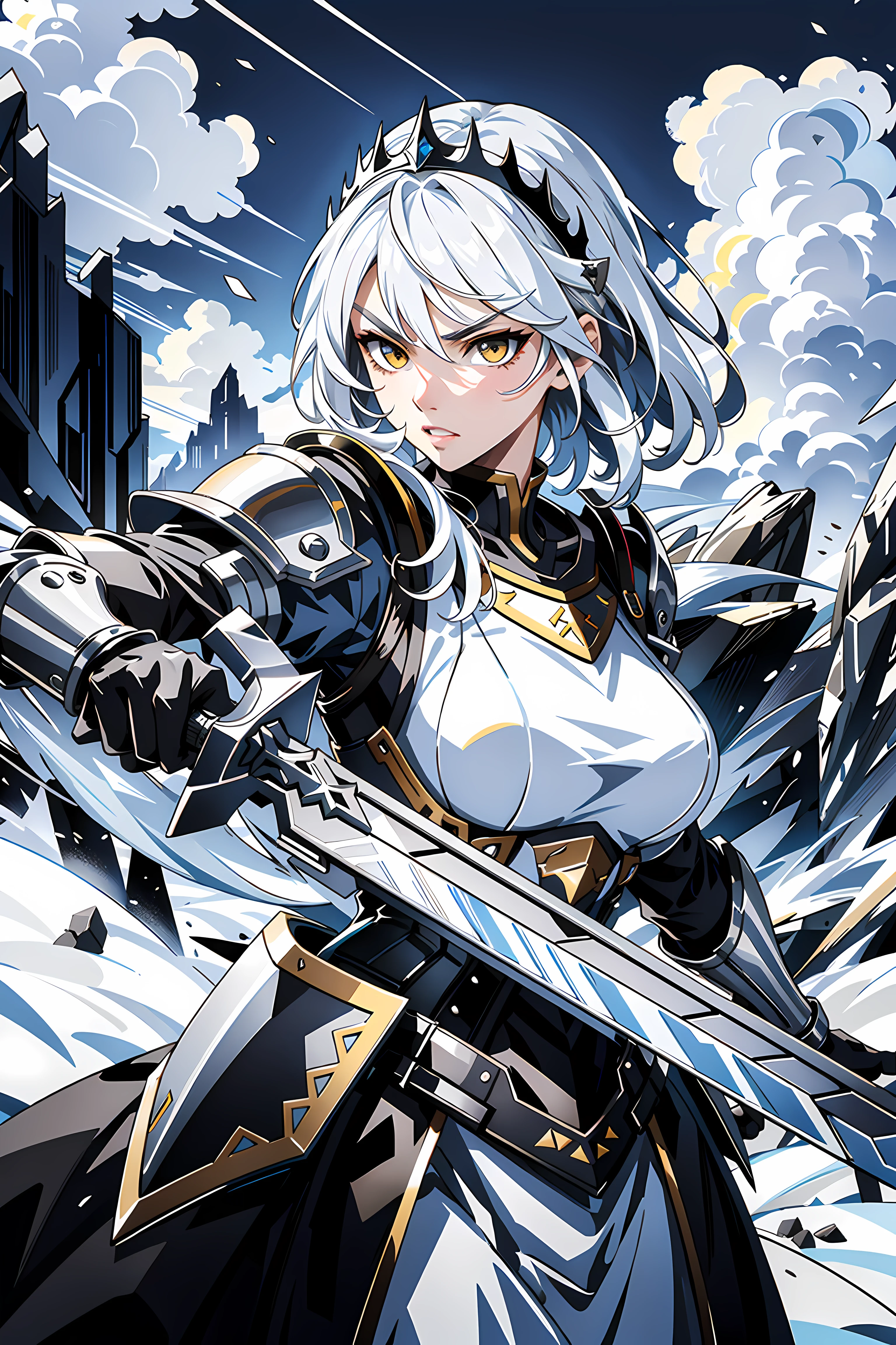 perfect eyes, fighting stance, serious, armor, holding weapon, holding sword, white hair, yellow eyes, black tiara, mountain, clouds, epic, wide shot, looking at viewer, parted lips, teeth, v-shaped eyebrows,