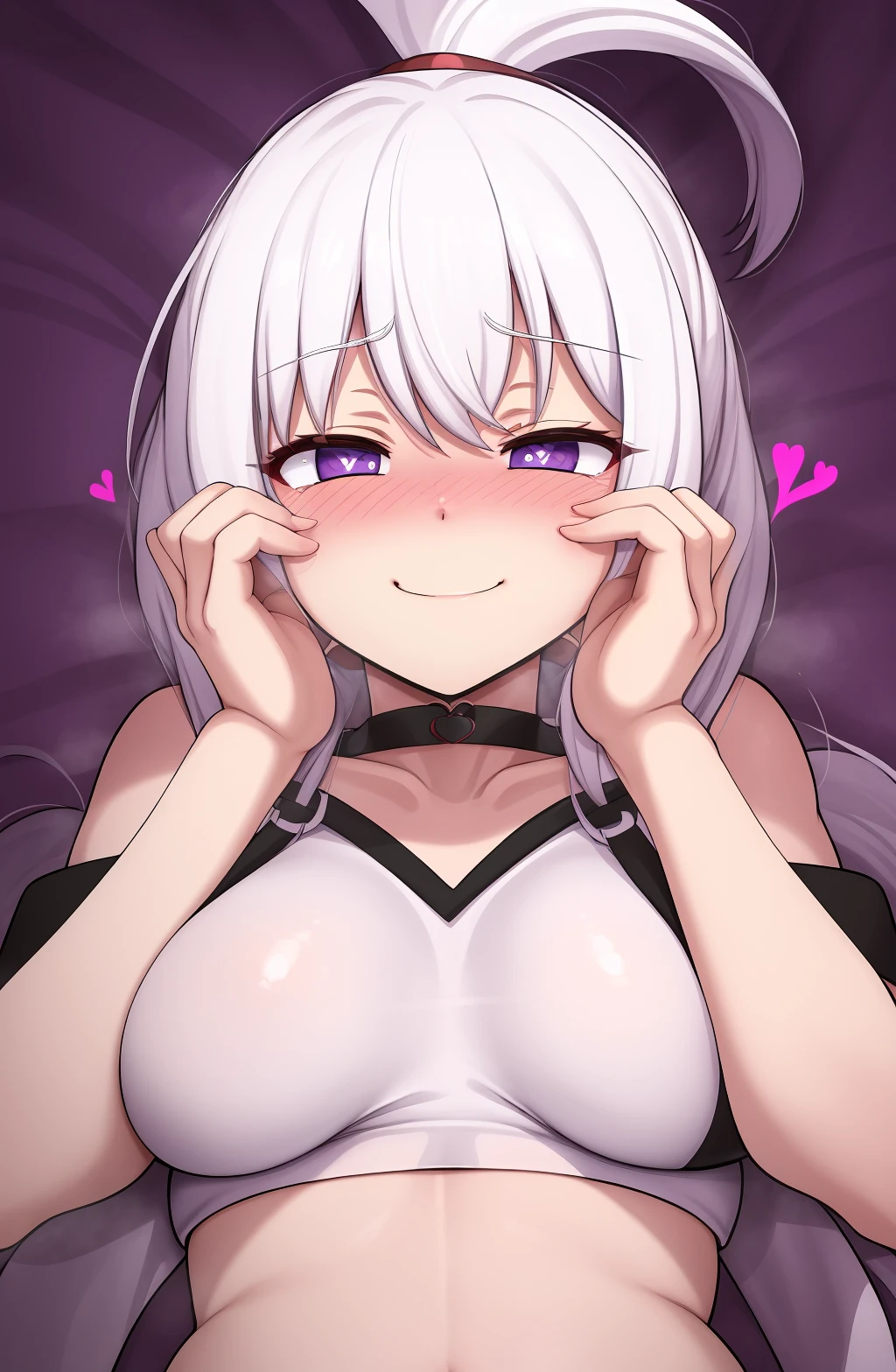 @Whiplashaarts,BlackWhiplash, 1girl,heart-shaped pupils,fingernails,hands on own face,white hair,purple eyes,(blush:1.1),choker,upper body,trembling,heart,(speed lines:1.1),medium breasts, love, heart, crop top, happy, smile, t<lora:BlackWhiplash Style:1>