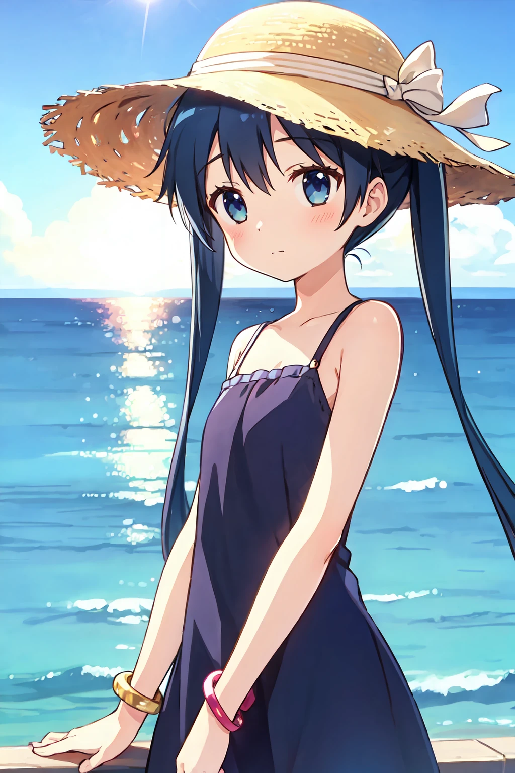 komichi aya, twintails, upper body, standing,  closed mouth, sleeveless dress, sun hat, bracelet, flat chest, outdoors, ocean, scenery, looking at viewer,
<lora:Komichi_Aya-v2:0.8>