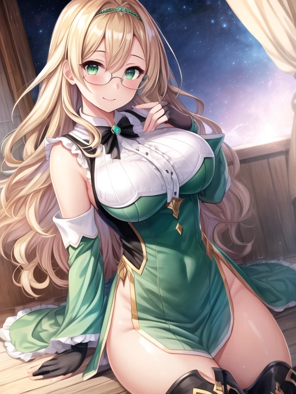 1girl, <lora:Witchcrafter_Genni_v1:1>Witchcrafter_Genni,wavy hair,long hair,glasses,green dress, sleeveless, wide sleeves, green thigh boots, black sleeves, ,Jabot, green gloves,fingerless gloves, pelvic curtain, <lora:flatBG:-0.6> ,<lora:flat2:-0.6>,(dark light:1.2),(hyper extreme detailed),(masterpeace:0.5),(hyper extreme),(photorealistic),game cg,llustration,novel illustration,beautiful lighting,light from the front,BREAK, <lora:GoodHands-beta2:1>,(good hand,nice hands, perfect hands:1.2),five finger,