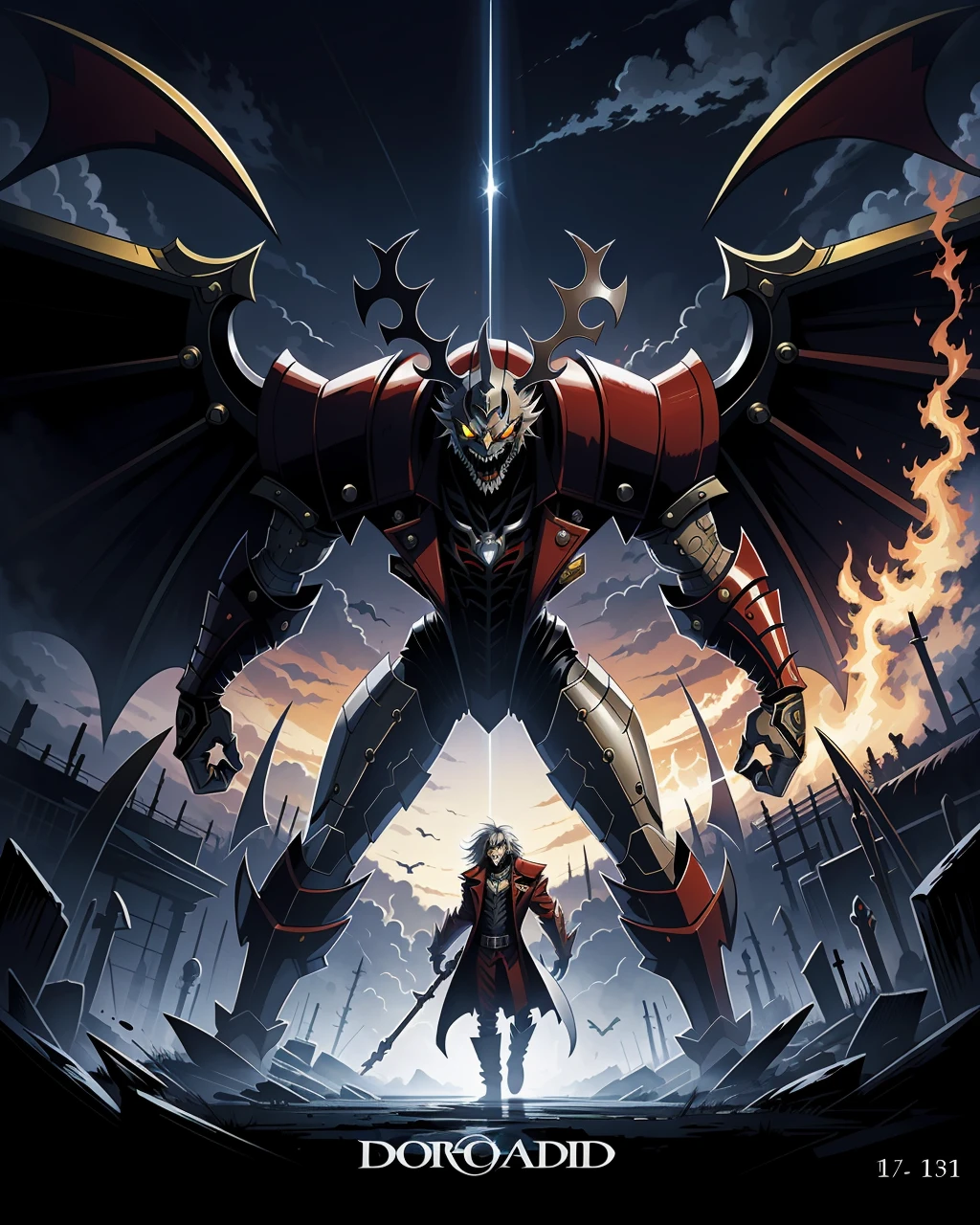 1boy,solo,male focus,evil grin,dorugoramon alucard,hellsing cover art,2d,anime,scene from hellsing, <lora:Dorugoramon_19956:0.5>