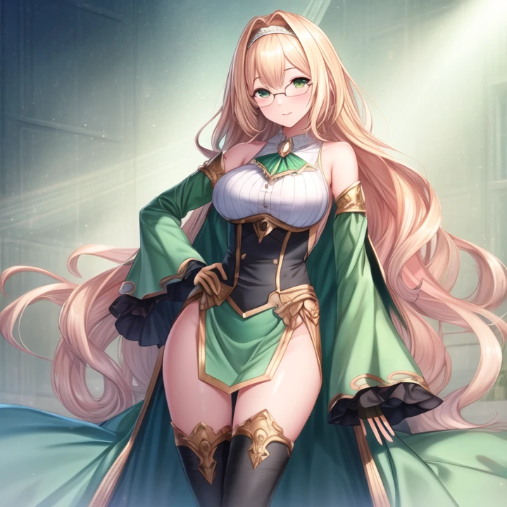 1girl, <lora:Witchcrafter_Genni_v1:1>Witchcrafter_Genni,blonde hair,wavy hair,long hair,glasses,green dress, sleeveless, wide sleeves, green thigh boots, black sleeves, ,Jabot, green gloves,fingerless gloves, pelvic curtain, <lora:flatBG:-0.6> ,<lora:flat2:-0.6>,(dark light:1.2),(hyper extreme detailed),(masterpeace:0.5),(hyper extreme),(photorealistic),game cg,llustration,novel illustration,beautiful lighting,light from the front,BREAK, <lora:GoodHands-beta2:1>,(good hand,nice hands, perfect hands:1.2),five finger,, standing,hand on hip, BREAK