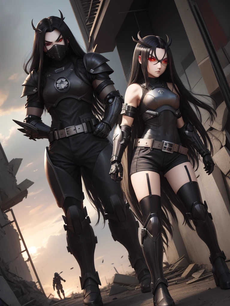 <lora:ExecutionerNormal:1>,1girl,long hair,red eyes,sangvis ferri,shorts,belt,bare shoulders,mechanical armor, thighhighs,black leotard,angry,evil smile,armored boots,black hair,crossed bangs,black shirt,executionernormal,elbow gloves,battlefield,ruins,rubble,standing