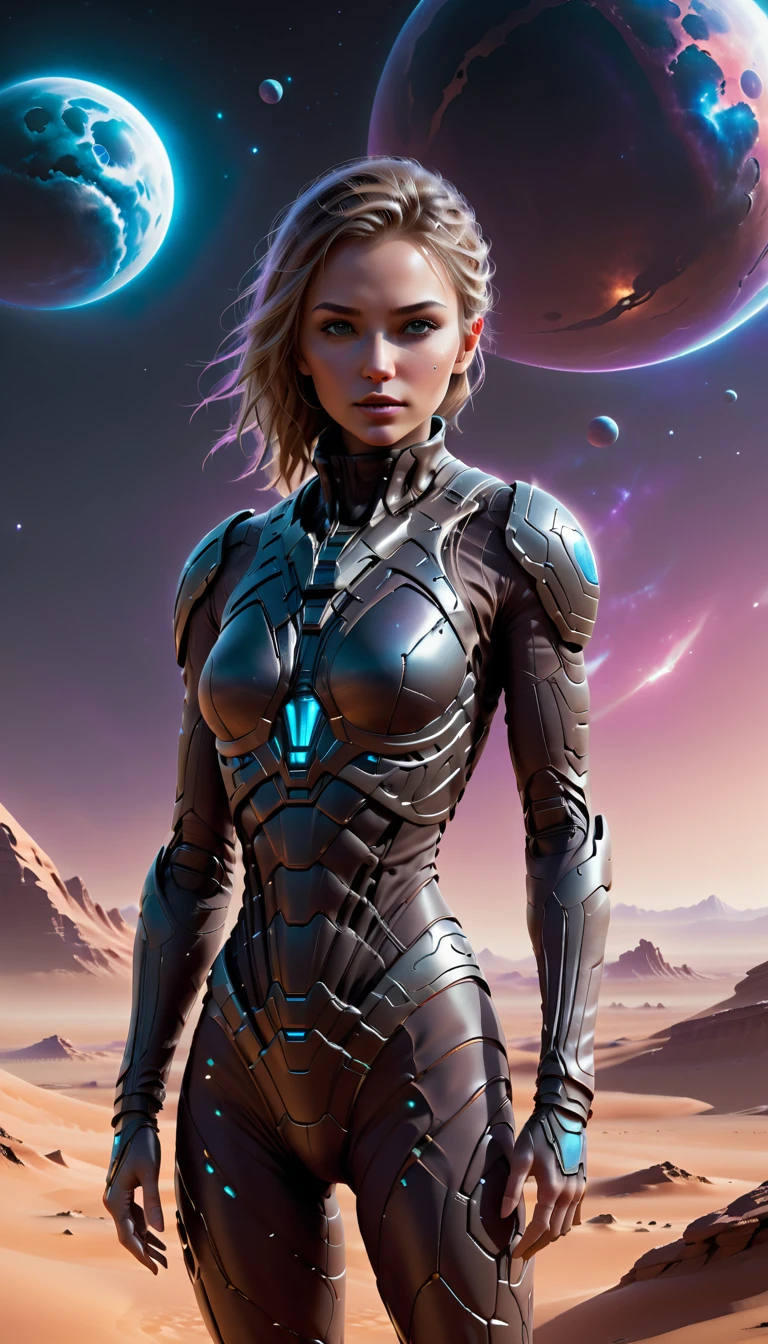 Conceptualize an epic artwork featuring a person in Stillsuit Exploring Alien Worlds, withoutmask, dark nebula background, focus woman, futuristic technology and space themes with advanced civilizations, extraterrestrial landscapes, and otherworldly structures, emphasize the character's isolation and wonder as they navigate through uncharted territories to create an immersive experience for viewers. trending on artstation, sharp focus, <lora:StillsuitXL_1.3:0.6> <lora:Randommaxx_dark_offset_v1.1_lora_fp16:0.5> <lora:sdxlvelma:0.4>