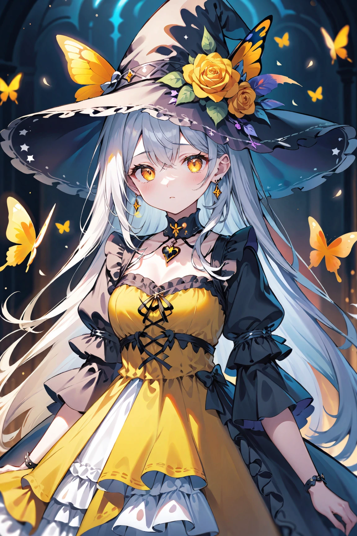 (best quality),((masterpiece)),(highres),original,extremely detailed 8K wallpaper,(an extremely delicate and beautiful),
anime,
\\,
by mechari,1girl,flower,hat,witch hat,solo,bug,long hair,braid,butterfly,black headwear,dress,rose,yellow rose,holding,white hair,yellow flower,frills,eyepatch,looking at viewer,frilled sleeves,blurry background,yellow eyes,frilled dress,blurry,earrings,orange eyes,very long hair,jewelry,closed mouth,bangs,heart,witch,flower over eye,yellow butterfly,choker,