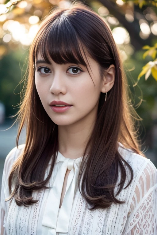 1girl,(wearing a blouse:1.2),(RAW photo, best quality), (realistic, photo-realistic:1.4), masterpiece, an extremely delicate and beautiful, extremely detailed, 2k wallpaper, Amazing, finely detail, extremely detailed CG unity 8k wallpaper, ultra-detailed, highres, soft light, beautiful detailed girl, extremely detailed eyes and face, beautiful detailed nose, beautiful detailed eyes,cinematic lighting,autumn scenery,park,perfect anatomy,slender body,<lora:misumiyuuka_lora:0.8>