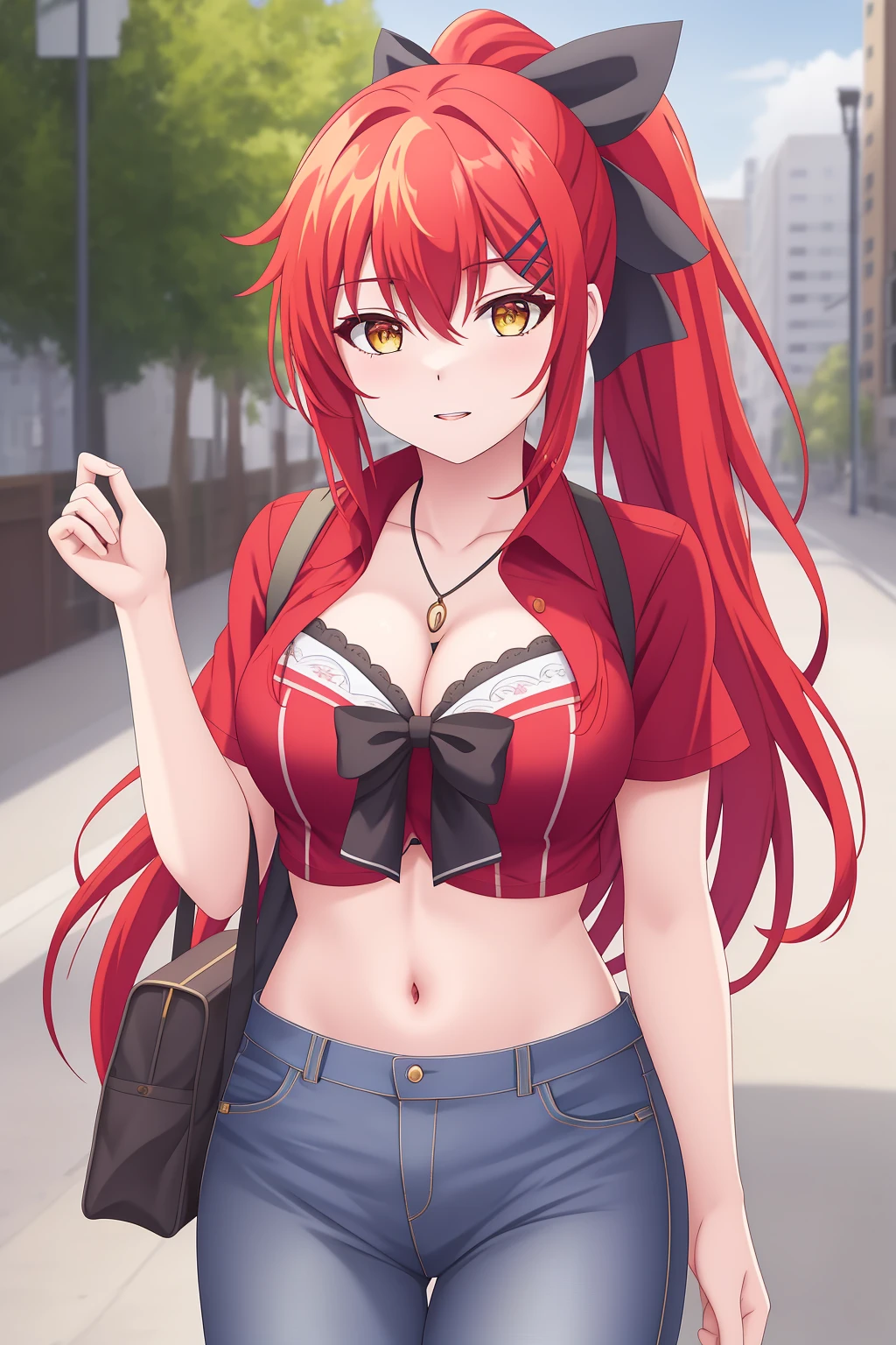 leoleshea, 1girl, solo, long_hair, looking_at_viewer, bangs, small_breasts, hair_ornament, ribbon, hair_between_eyes, hair_ribbon, yellow_eyes, ponytail, cleavage, hair_bow, bra, sidelocks, red_shirt, blue_jeans, street, city