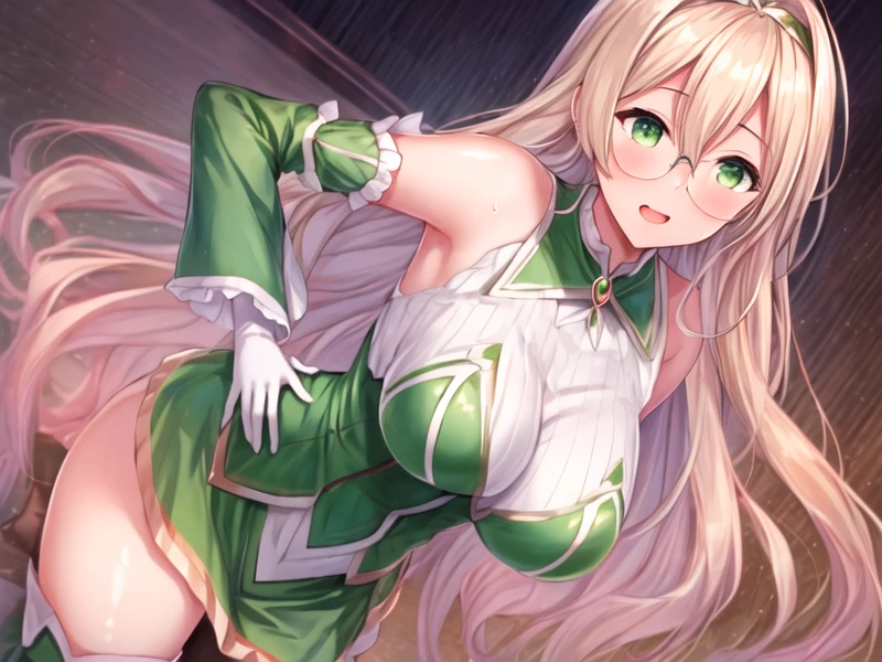 1girl,  <lora:Witchcrafter_Genni_v1:1.5>Witchcrafter_Genni,wavy hair,long hair,glasses,green dress, sleeveless, wide sleeves, green thigh boots, black sleeves,  ,Jabot, green gloves,fingerless gloves, pelvic curtain, <lora:flatBG:-0.6> ,<lora:flat2:-0.6>,(dark light:1.2),(hyper extreme detailed),(masterpeace:0.5),(hyper extreme),(photorealistic),game cg,llustration,novel illustration,beautiful lighting,light from the front,BREAK, <lora:GoodHands-beta2:1>,(good hand,nice hands, perfect hands:1.2),five finger,