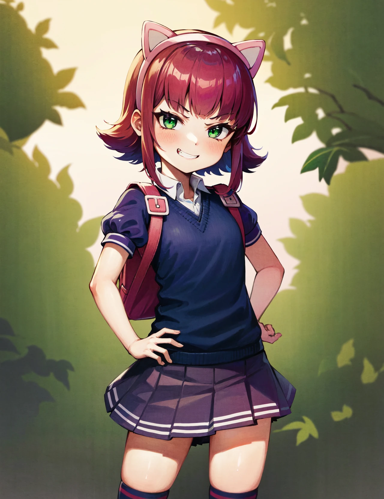 (masterpiece, best quality, highres, detailed,:1.4), 1girl, solo,  a beautiful masterpiece portrait of a girl , standing, contrapposto, hand on hip,   she is wearing a headband with fake cat ears, ,(short hair, fake animal ears, cat ears, hairband, green eyes, bangs, blush, red hair, purple hair,  skirt, short sleeves, juliet sleeves, puffy short sleeves, puffy sleeves,  shirt, pleated skirt, striped, socks,  kneehighs, loose socks, purple skirt, blunt bangs, miniskirt,   sweater vest, argyle, school uniform, backpack, :1.1), sidelocks, short hair with long locks, 
(petite, skinny, outdoors, ambient lighting, sunlight,    :1.0), colorful, vibrant,  straight hair, 
 looking at viewer, smirk, smug, grin, fang, 
 <lora:Annie1024Test:1.0> , bear_pin,