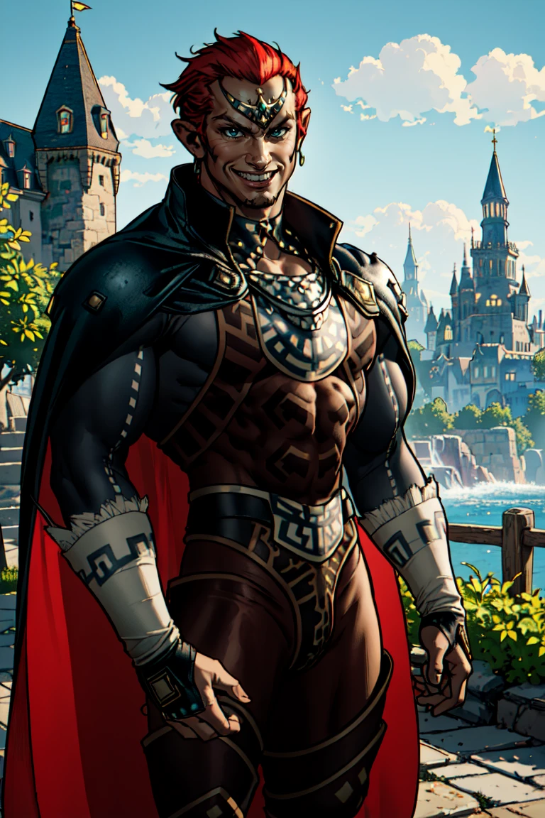 <lora:AdamHughesStyleV5:0.85> ((masterpiece,best quality)), absurdres, <lora:OoT_Ganondorf_Zelda:0.8>, OoT_Ganondorf_Zelda, solo, (green skin), cape, smiling, looking at viewer, cowboy shot, cinematic composition, dynamic pose, Castle garden