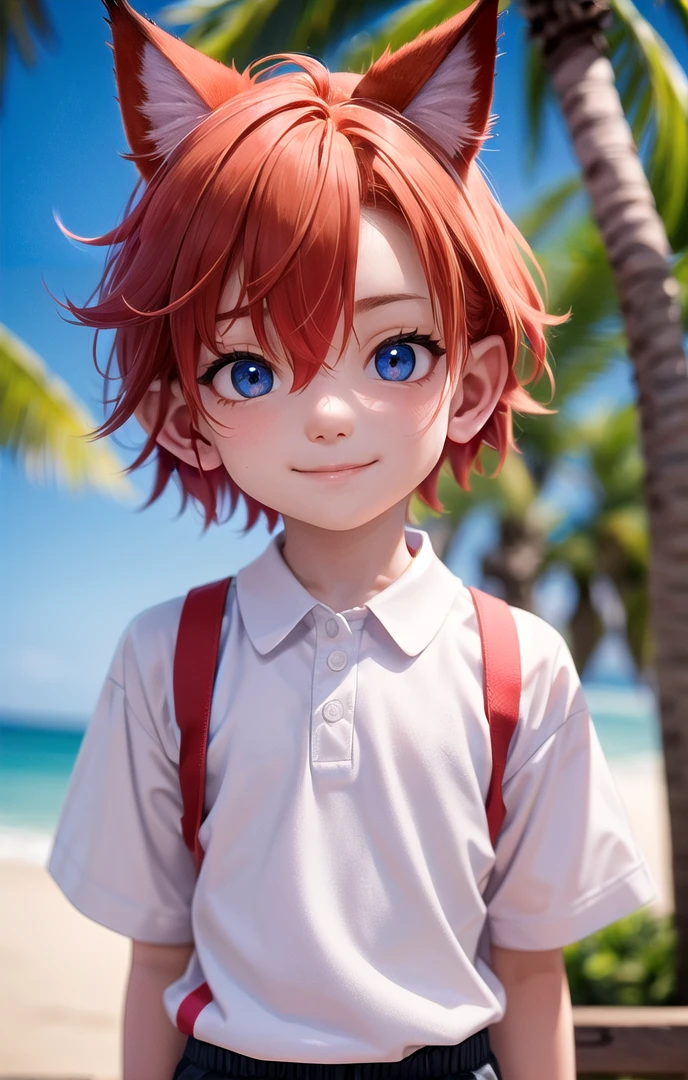beach, smile, ( crimson cat ears:1.4), (red ears), multicolored hair,1 boy, male face, male body, more details in eyes, very short hair, hair between eyes, cute, adorable boy, cute face, detailed face, handsome, young, juvenile, colorful hair, white skin, colorful eyes, multicolored eyes, eyeshadow, crew cut, crimson hair, (muscular:0.4),(male focus:1.3),
details sky, ((masterpiece:1.4,best quality)), multiple details, looking at viewer, blush, blue eyes, polo shirt, full shot,
(pants:1.5), (shirt:1.5),
