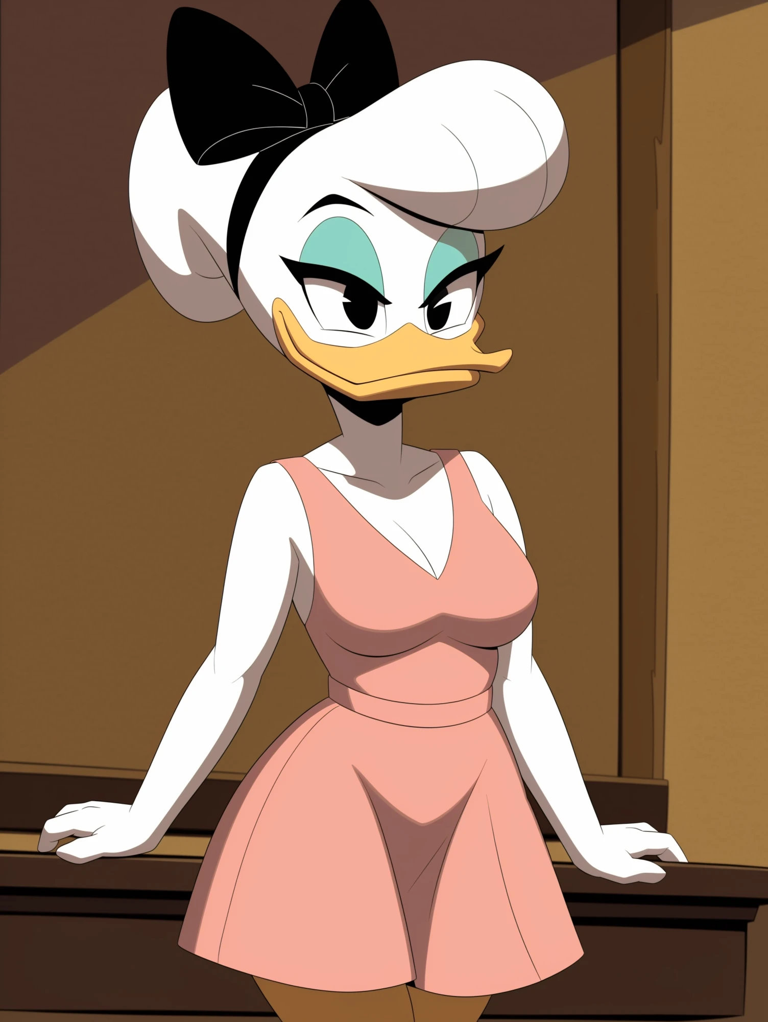 <lora:Daisy Duck V1.1:0.6> (ducktales:1.2) (ducktales:1.2) (by kyurisawa:1.2) (by chelodoy:1) (by ashraely:1) BREAK daisy duck, beak, white skin, white body, white hair, black centered bow, headband, rounded bangs, hair bun, female, breasts, orange legs, clothed, clothing, mouth closed, eyeliner, teal eyeshadow, black eyes, inside, mansion background, night (smile, squint:1.3) looking at viewer (pink dress) (clothed:1.2)