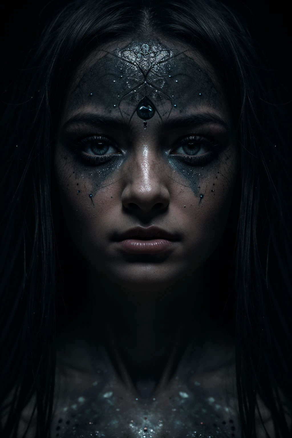 (8k, RAW photo, highest quality), hyperrealistic, abstract style, hauntingly beautiful face, emerges from the depths, dark abyss, piercing eyes,hidden depths of the soul, mysterious beauty, intricate abstract, intricate artwork, non-representational, colors and shapes, expression of feelings, imaginative, highly detailed