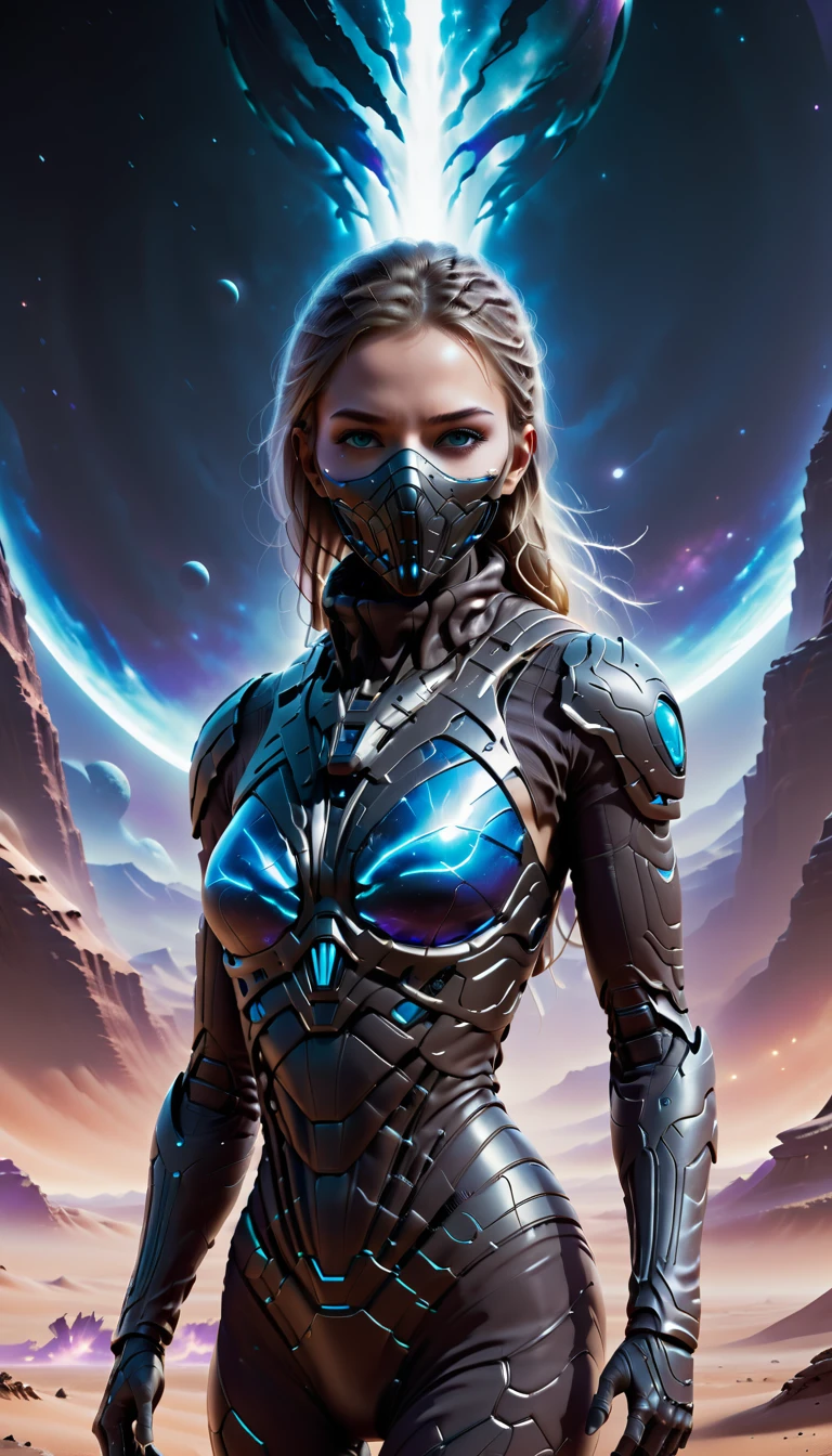 Conceptualize an epic artwork featuring a person in Stillsuit Exploring Alien Worlds, withmask, dark nebula background, focus woman, futuristic technology and space themes with advanced civilizations, extraterrestrial landscapes, and otherworldly structures, emphasize the character's isolation and wonder as they navigate through uncharted territories to create an immersive experience for viewers. trending on artstation, sharp focus, <lora:StillsuitXL_1.3:0.6> <lora:Randommaxx_dark_offset_v1.1_lora_fp16:0.5> <lora:sdxlvelma:0.4>