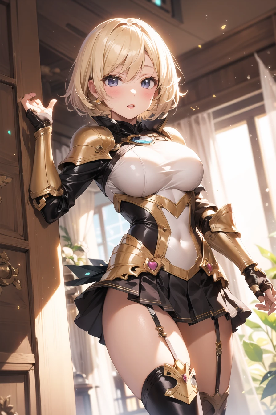 masterpiece best quality 1girl blonde hair short hair middle breast fantasy armor skirt boots globes open hand