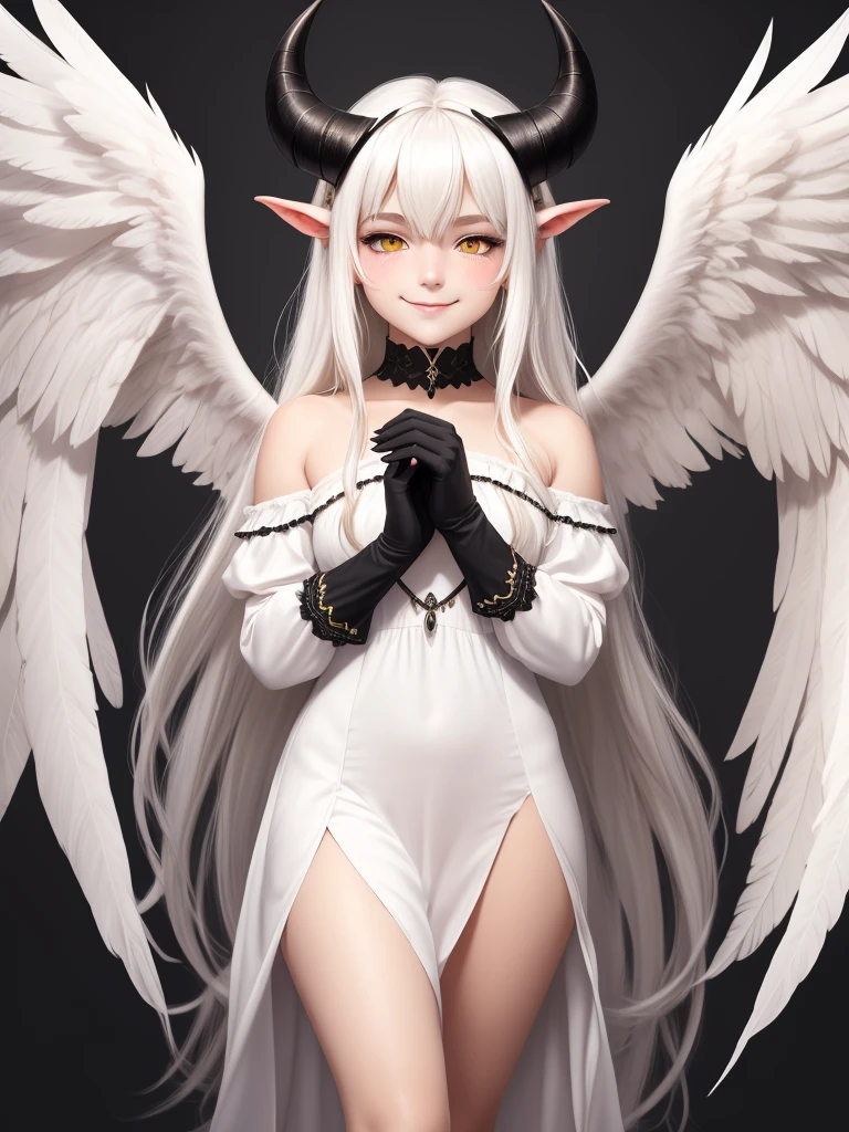 solo, child,1girl, horns, wings, heterochromia, dress, barefoot, long hair, white background, yellow eyes, white hair, simple background, white dress, black wings, jewelry, full body, very long hair, feathered wings, eyebrows visible through hair, looking at viewer, bare shoulders, dark skin, anklet, dark-skinned female, bangs, black eyes, gloves, black gloves, curled horns, (half-closed eyes, evil smile, blush:1.2),sketch, long sleeves