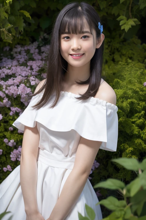 1girl, (wearing an off-the-shoulder dress:1.4),(RAW photo, best quality), (realistic, photo-realistic:1.4), masterpiece, an extremely delicate and beautiful, extremely detailed, 2k wallpaper, Amazing, finely detail, extremely detailed CG unity 8k wallpaper, ultra-detailed, highres, soft light, beautiful detailed girl, extremely detailed eyes and face, beautiful detailed nose, beautiful detailed eyes,cinematic lighting,(in the garden:1.4),perfect anatomy,slender body,smiling,(close up:1.4),(young girl:1.6),(look at viewer),(front view:2.0),cinematic angle,(cleavage:1.4),(wavy hair),(brown eyes:1.2),standing, <lora:nireinozomi_lora-02:0.8>