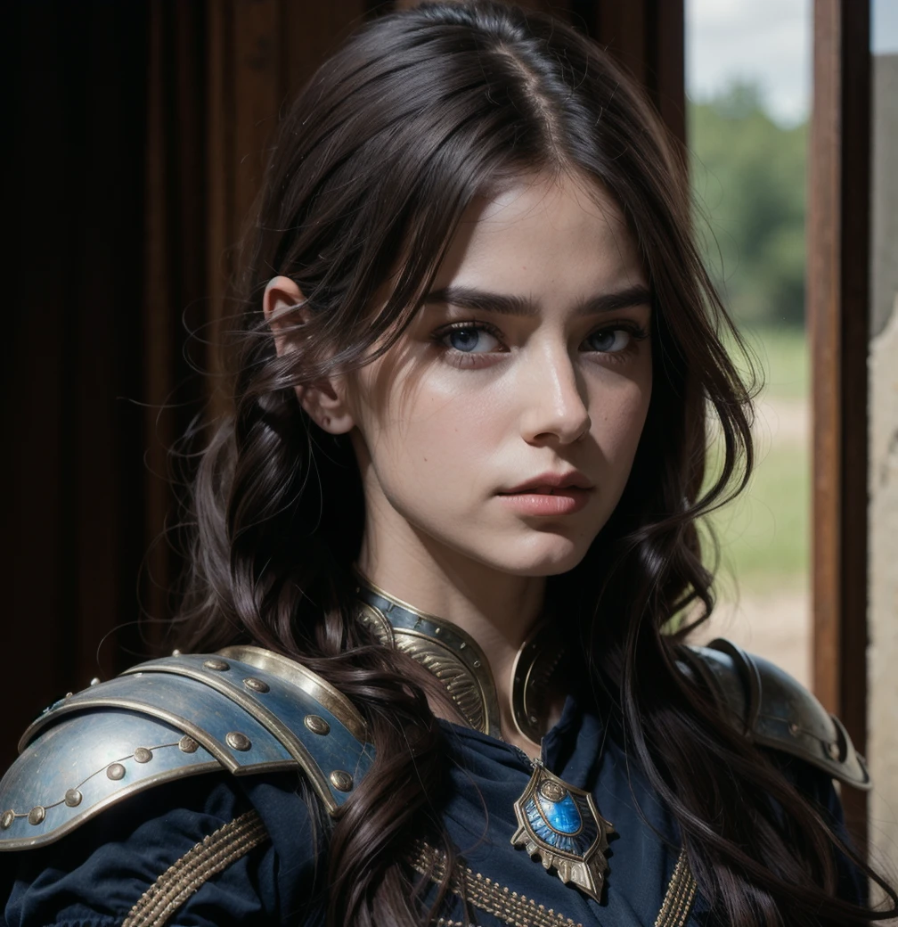 a photo, warrior woman ,hair brown, fantasy dress, realistic, hd, beautiful dress blue, realistic, half body shot, sharp focus, 8 k high definition, insanely detailed