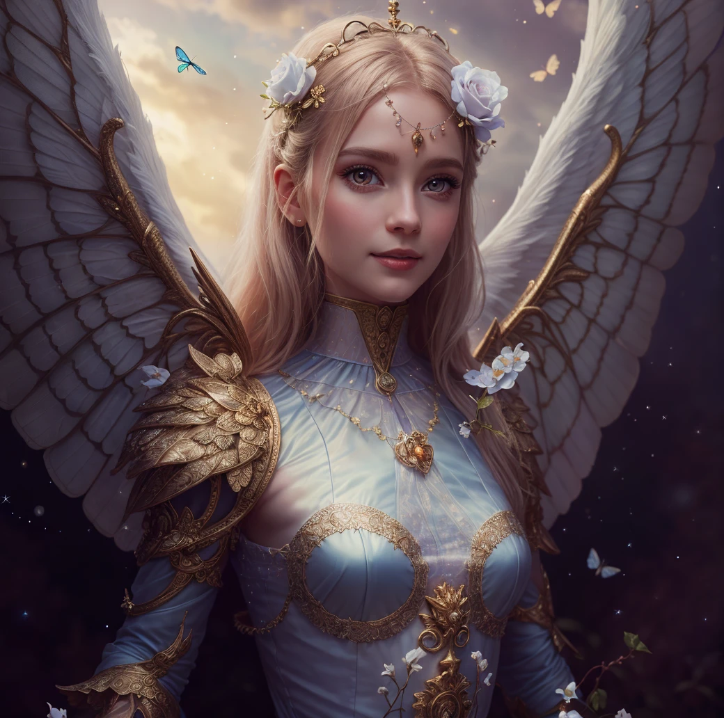 1 moonï¼Beautiful transparent flower fairy baby, Transparent colorful wings, The wand flutters in the wind、The wand flashed with starlightï¼Golden wandï¼Beautiful blue sky and white cloudsãGirls have transparent wings、kindly smile、Beautiful garden background、Gentle and transparentï¼anatomy correct, Delicate patternï¼Pink rose space, Soft lighting, ( Bokeh)ï¼Masterpiece, Super detailed, Epic composition, Highest quality, 8Kï¼Epic romantic fantasy digital artï¼Epic fairy tale fantasy digital artï¼Mythological fantasyï¼UHD resolutionï¼Detailed detail drawingï¼realisticlyingï¼Very realisticï¼cinmatic lighting,an award winning photograph,rich coloursï¼hyper realistic lifelike textureï¼dramatic lighting