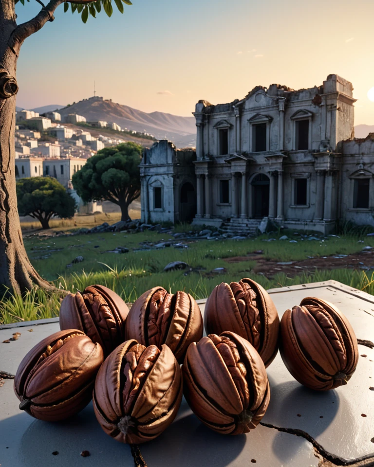 Hyperrealistic art <lora:FF.98.dxlYamersRealism_v2.LORA1:1>, Unreal Engine, Cosplay Photograph, 3d blender render, close-up shot of a 1970'S Ruined (Pecan:1.3) , it is with Boteh images, Sickening Greece in background, at Dawn, FOV 90 degrees, by Clive Barker, Dan Mumford, Butcher Billy and Russ Mills Sci-Fi, Gouache Art, Slow Shutter Speed, Samsung Galaxy, F/2.8, Instax . Extremely high-resolution details, photographic, realism pushed to extreme, fine texture, incredibly lifelike