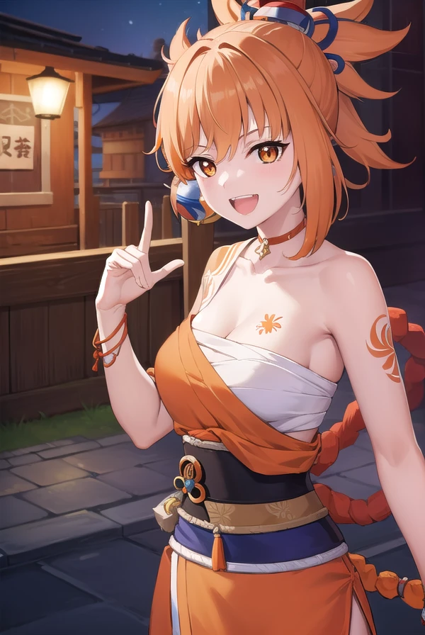 yoimiya, <lora:yoimiya-lora-nochekaiser:1>, 
yoimiya, arm tattoo, choker, hair ornament, light brown hair, long hair, (orange eyes:1.5), red choker, sidelocks, <lora:talkmouth_A_v100:0.8>, open mouth, smile,
BREAK arm tattoo, bandaged arm, bandaged leg, bandages, bracelet, chest sarashi, chest tattoo, cleavage, collarbone, fingerless gloves, fish tattoo, gloves, hadanugi dousa, japanese clothes, jewelry, kimono, kinchaku, obi, orange kimono, rope, sarashi, sash, shimenawa, single fingerless glove, tattoo, vision (genshin impact), wide sleeves,
BREAK outdoors, night, fireworks, festival,
BREAK looking at viewer, (cowboy shot:1.5)
BREAK <lyco:GoodHands-beta2:1>, (masterpiece:1.2), best quality, high resolution, unity 8k wallpaper, (illustration:0.8), (beautiful detailed eyes:1.6), extremely detailed face, perfect lighting, extremely detailed CG, (perfect hands, perfect anatomy),