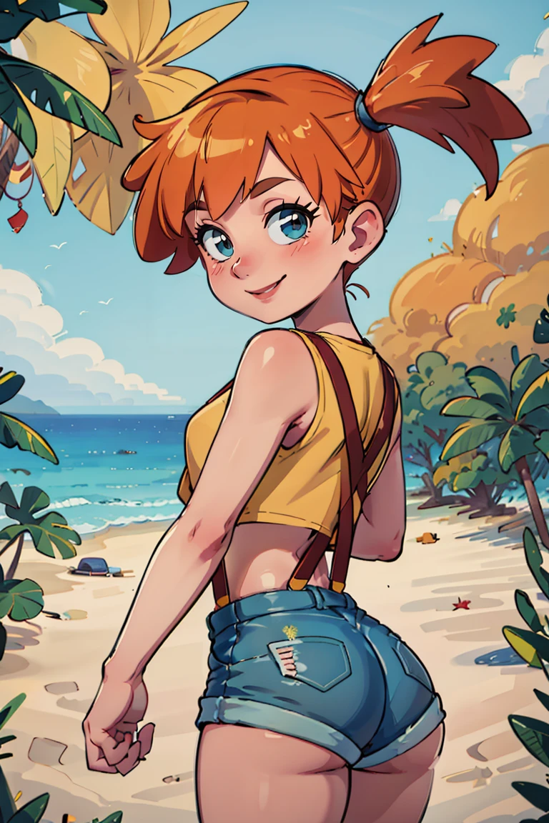 ((masterpiece,best quality)), absurdres,
<lora:Misty_Pokemon_v2_Anime:0.8>, Misty_Pokemon, yellow crop top, suspenders, side ponytail, orange hair, denim shorts, 
solo, smiling, blushing, looking at viewer, cowboy shot, from behind, 
cinematic composition, contrapposto, 
tropical beach,