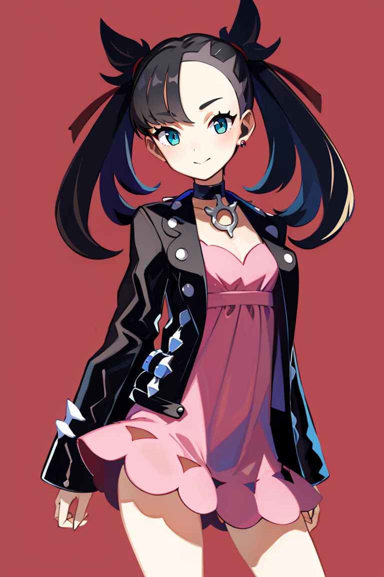 ((masterpiece,best quality)), absurdres, <lora:marnie_v1:0.8>, hmmarnie, aqua eyes, black choker, red ribbon, pink dress, jewelry, black jacket, open clothes, long sleeves, solo, smiling, looking at viewer, cowboy shot, cinematic composition, contrapposto,