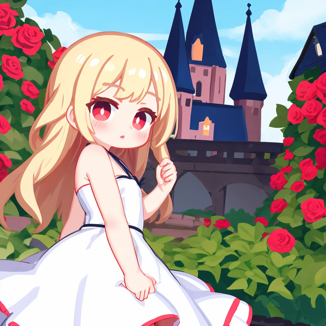 1girl,  blonde hair,  red eyes,  white dress,  flowing,  rose garden,  vampire,  castle