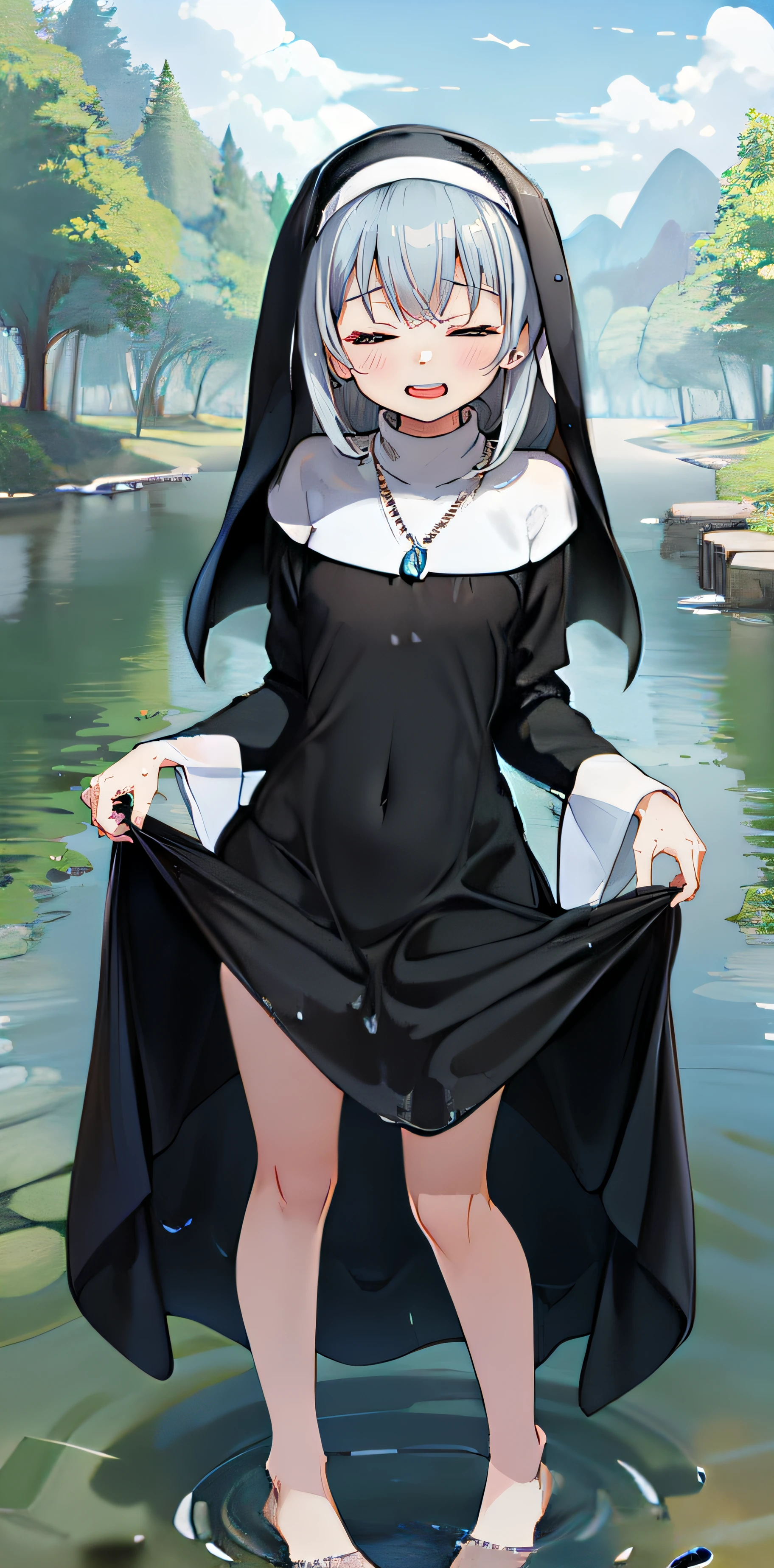 (8k uhd, masterpiece, best quality, high quality, absurdres, ultra-detailed), 1girl, <lora:Ghost_Sister-10:0.7>, gsister, 1girl, nun, habit, jewelry, dress, black dress, taut dress, small breasts, covered navel, silver hair, five fingers, (centered picture:1.2, frontal view), [detailed fingers:1.1, detailed hands:1.1, closed eyes], standing, lifted dress, lifted by herself, barefeet, splashing, shallow river, outdoor, water, wet clothes, (laughing, full body, feet focus:1.1)