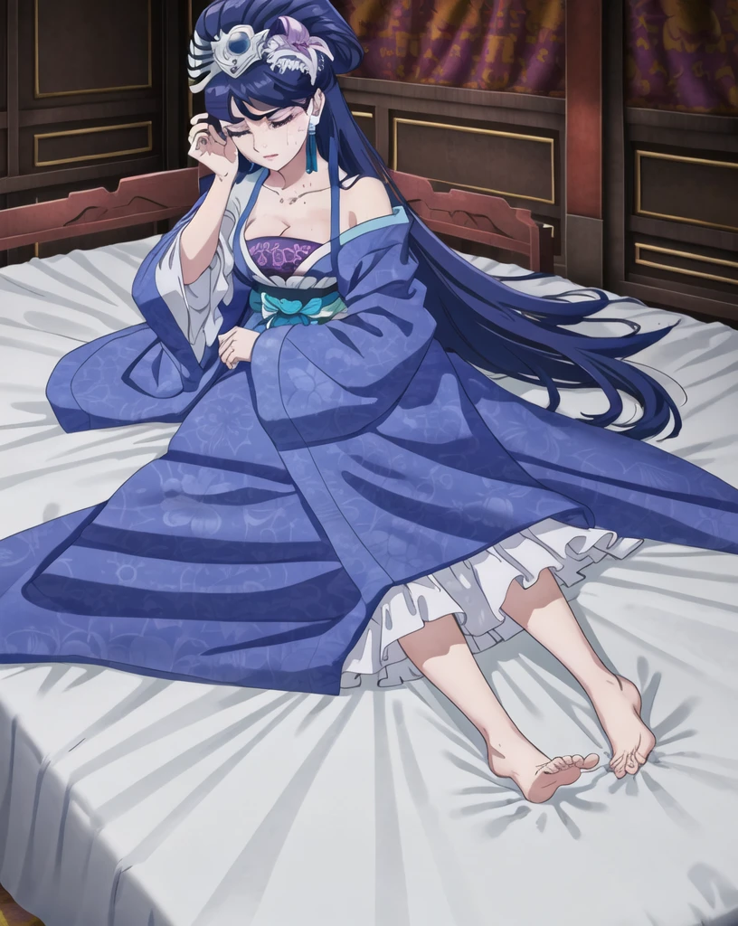 Lihua, 1girl, solo, earrings, hair flower, makeup, hanfu, closed eyes, lying on bed, curtains, crying,
carpet, paper fan, sliding_doors, <lora:kusuriya_EP01to03-bundle-30000:0.95>