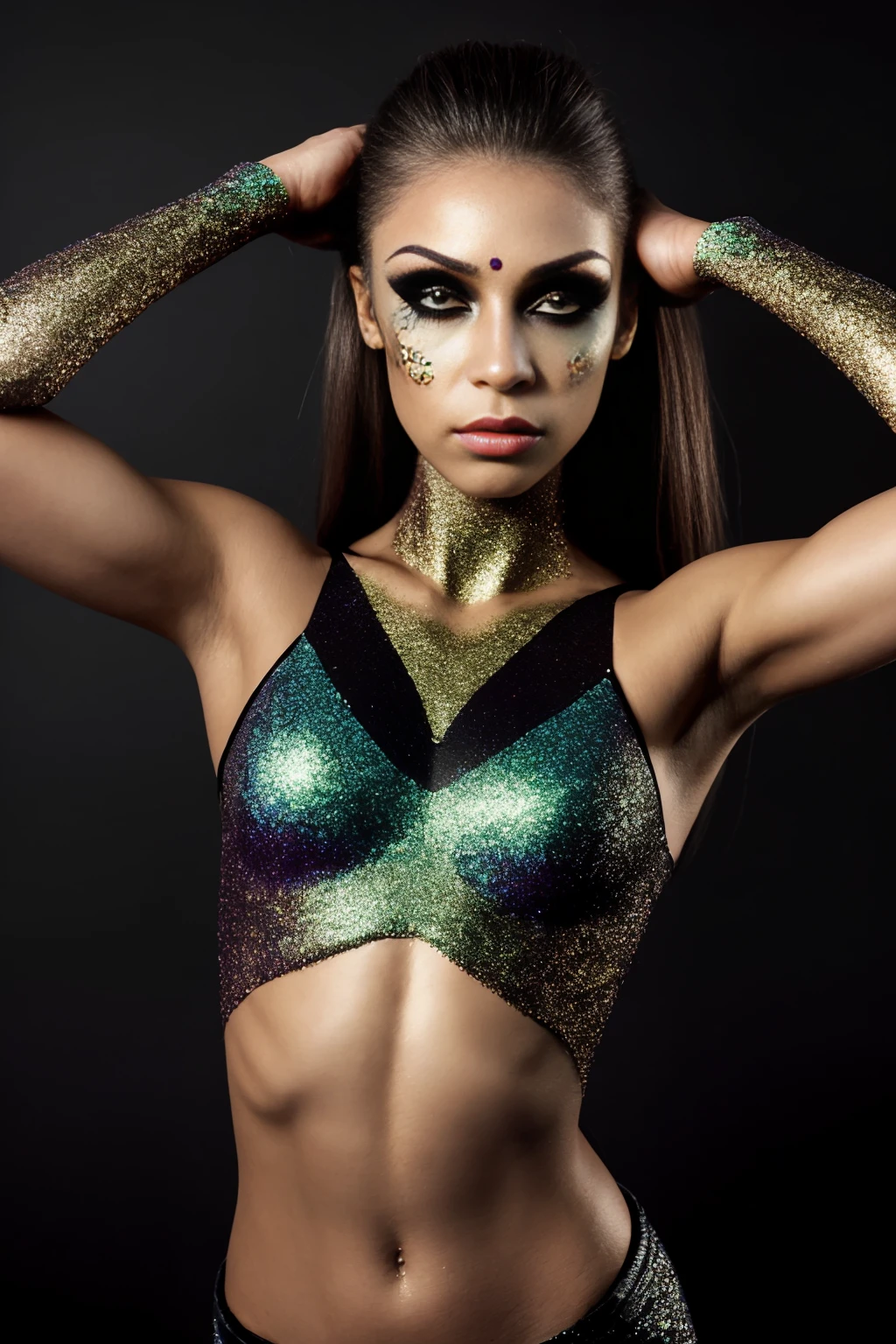 1girl, action pose, upper body, dark background, makeup
masterpiece, best quality
GlitterStyle,
<lora:GlitterStyle:1>