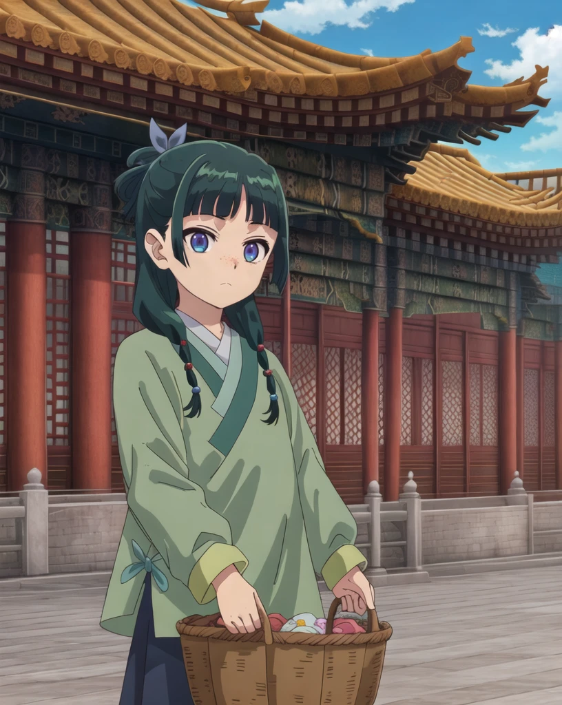 Maomao,  [:screenshots:0.5],   frown, east asian architecture, 
<lora:kusuriya_EP01to03-bundle-30000:0.95>