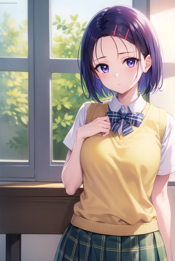 harunasairenji, <lora:harunasairenji-lora-nochekaiser:1>,
haruna sairenji, hair ornament, hairclip, (purple eyes:1.1), purple hair, short hair, swept bangs, (forehead:1.3),
BREAK green skirt, plaid, plaid skirt, sainan high school uniform, school uniform, skirt, sweater vest, (yellow sweater:1.3), short sleeves,
BREAK indoors, classroom,
BREAK looking at viewer, (cowboy shot:1.5),
BREAK <lyco:GoodHands-beta2:1>, (masterpiece:1.2), best quality, high resolution, unity 8k wallpaper, (illustration:0.8), (beautiful detailed eyes:1.6), extremely detailed face, perfect lighting, extremely detailed CG, (perfect hands, perfect anatomy),