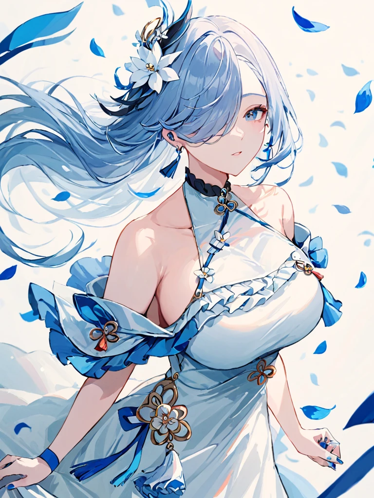 ultra-detailed,(best quality),((masterpiece)),(highres),original,extremely,<lora:shenhe2_xl:1>,hair over one eye,bangs,shenhe,1girl,solo,dress,flower,hair ornament,blue nails,breasts,white dress,looking at viewer,earrings,jewelry,holding,tassel,off-shoulder dress,petals,ribbon,white flower,hair flower,bare shoulders,blue ribbon,nail polish,off shoulder,closed mouth,tassel earrings,choker,simple background,dated,cowboy shot,frills,alternate costume,floating hair,large breasts,frilled dress,