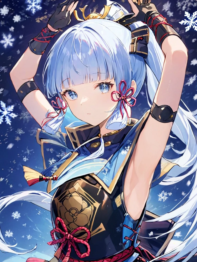 ultra-detailed,(best quality),((masterpiece)),(highres),original,extremely,<lora:shenli2_xl:1>,shenli,1girl,kamisato ayaka,solo,weapon,sword,snowflakes,holding,blue eyes,bangs,holding weapon,holding sword,looking at viewer,armor,blunt bangs,ponytail,long hair,hair ribbon,ribbon,gloves,hair ornament,upper body,black gloves,breastplate,mole under eye,arms up,blue hair,light blue hair,katana,covered mouth,japanese clothes,mole,japanese armor,arm guards,sidelocks,fingerless gloves,