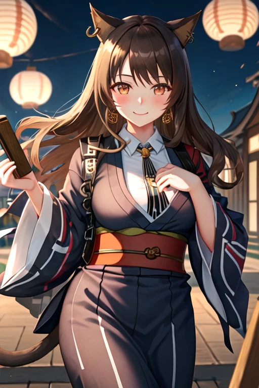 best quality, masterpiece, highres, solo, {yukata:1.40}, {kimono:1.20}, {skyfire_arknights:1.15}, animal_ears, long_hair, brown_hair, cat_ears, bangs, breasts, necktie, earrings, brown_eyes, jewelry, closed_mouth, black_necktie, belt, blush, smile, hair_between_eyes, ear_piercing, medium_breasts